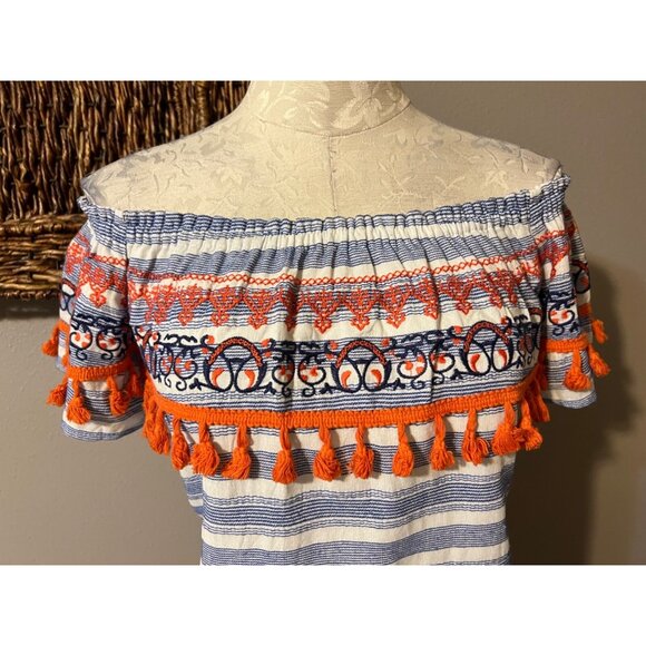 THML Top Blue Orange Ivory S Small Tassel Embroidered Cotton Off Shoulder - Picture 5 of 8
